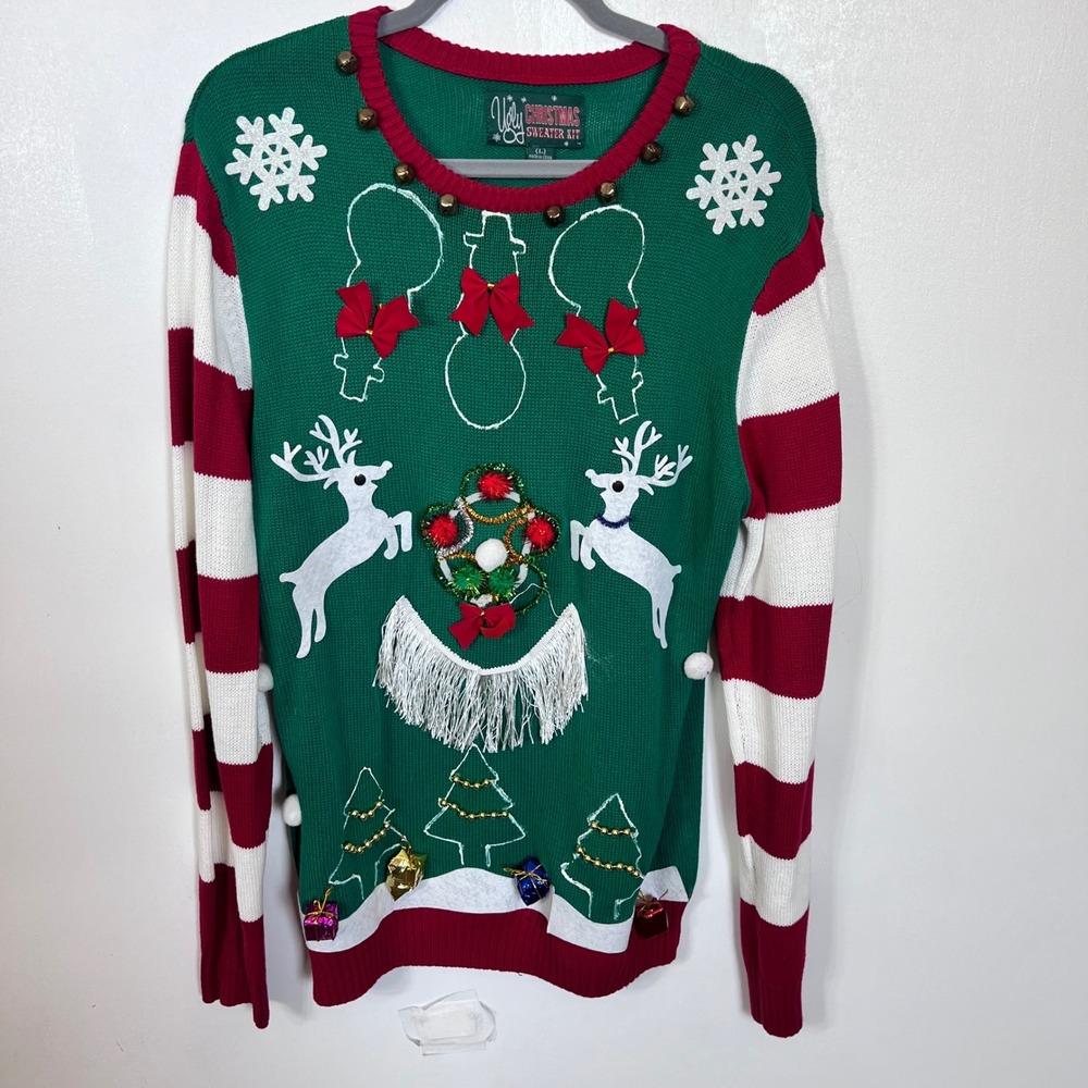 Ugly Christmas Sweater Kit Size L Reindeer Bells Fringe 100% Cotton Holiday